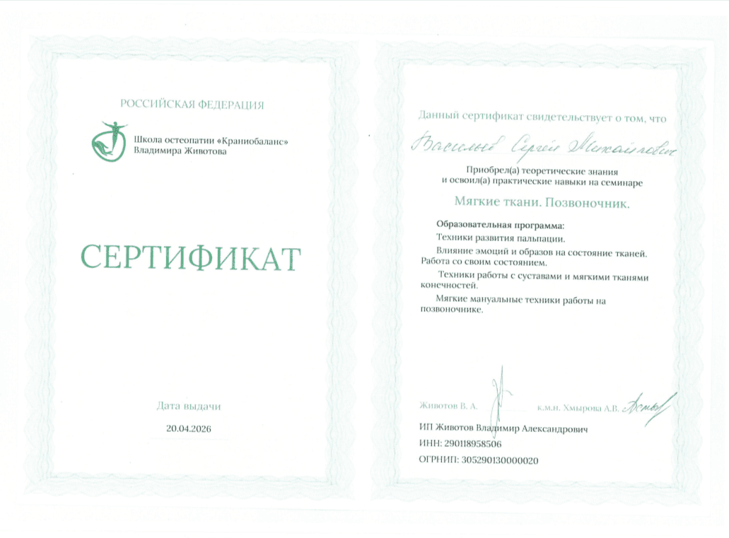 Сертификат: мягкие ткани, позвоночник