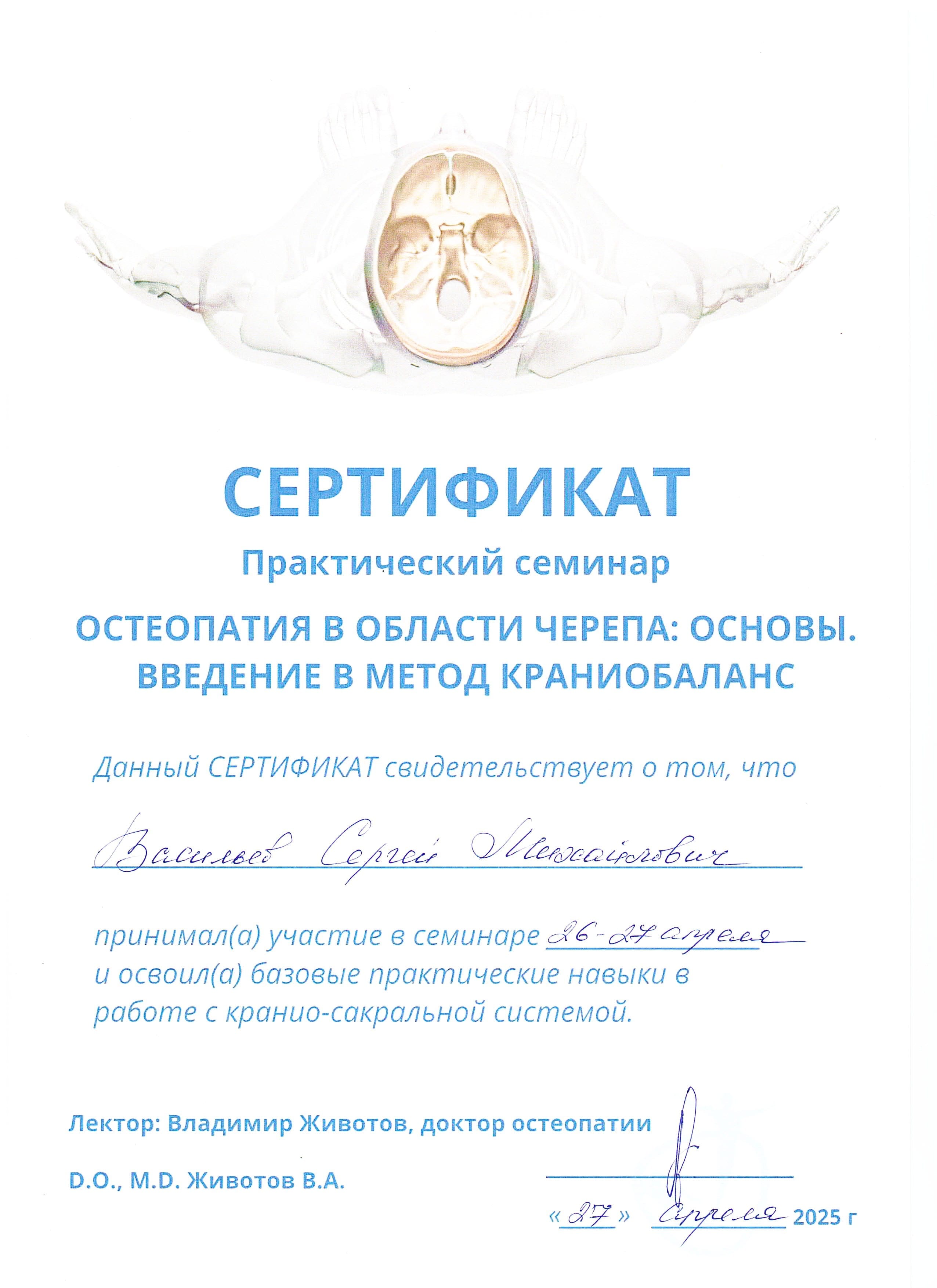 Сертификат: остеопатия в области черепа, краниобаланс